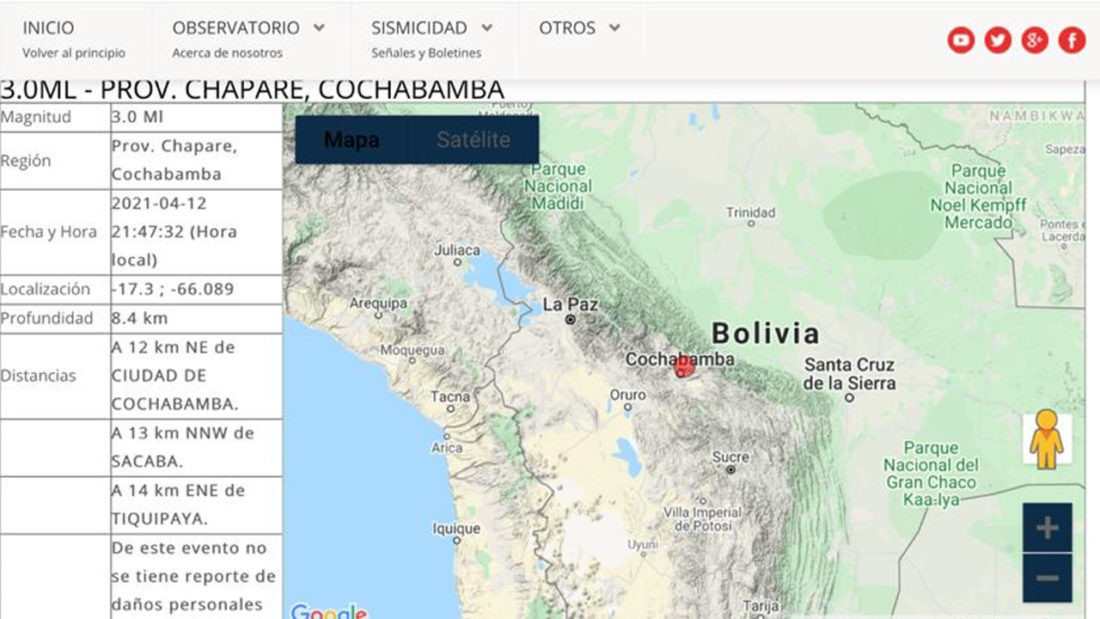 La ilustración sobre el sismo en Cochabamba este 12 de abril. Captura de pantalla