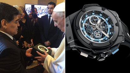 Diego y el regalo de un reloj de su colección al papa Francisco. Y uno de los ejemplares de la serie que la marca Hublot le dedicó