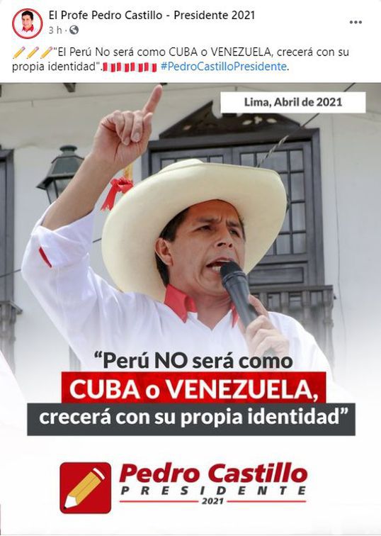 A través de una publicidad digital, Pedro Castillo sostiene que Perú no será como Cuba ni como Venezuela. Foto: captura/Facebook Pedro Castillo