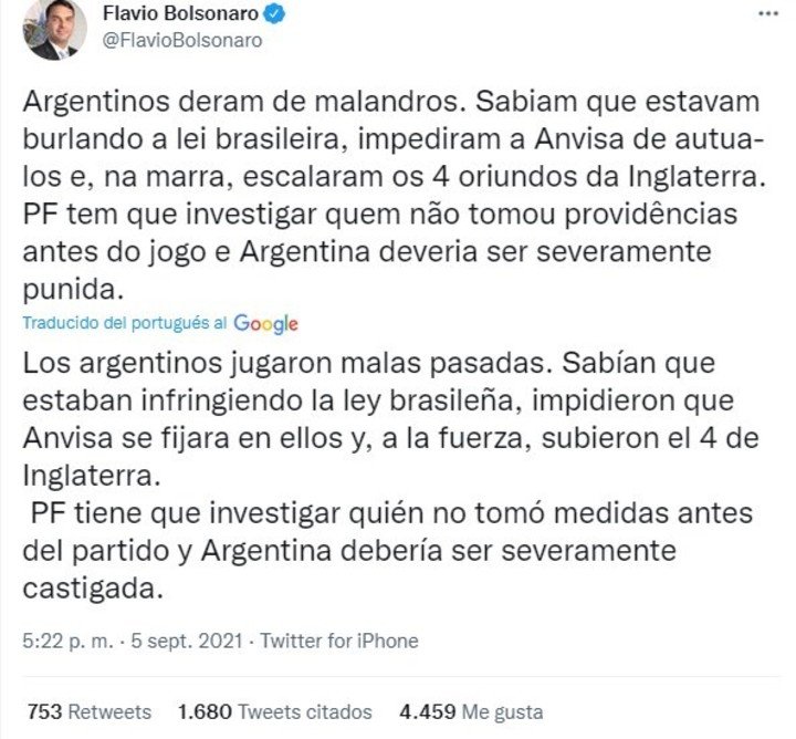 Flavio Bolsonaro, hijo del presidente de Brasil, durísimo con la Argentina tras el partido de Eliminatorias.