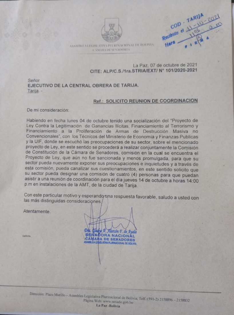 Senado convoca a la COD Tarija para revisión del proyecto de Ley Contra la Legitimación de Ganancias Ilícitas