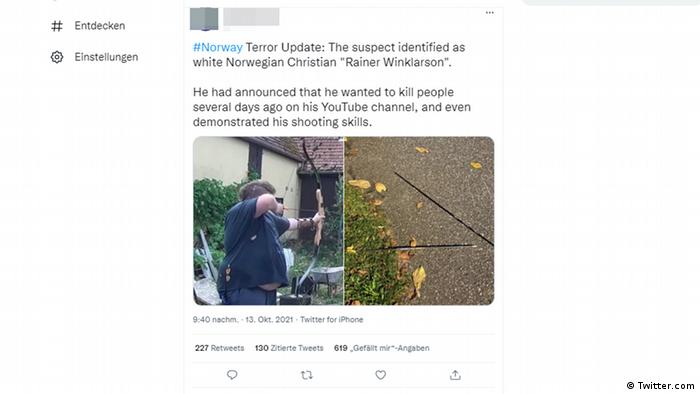 Captura de pantalla de un tuit sobre el ataque en Noruega.