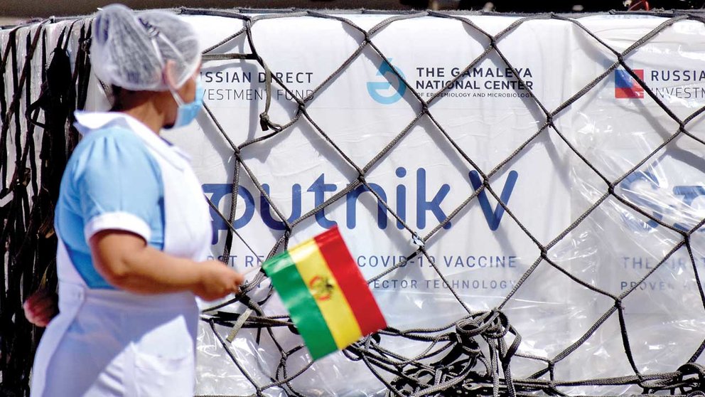 Un lote de vacunas rusas Sputnik V tras el arribo a Bolivia. ARCHIVO