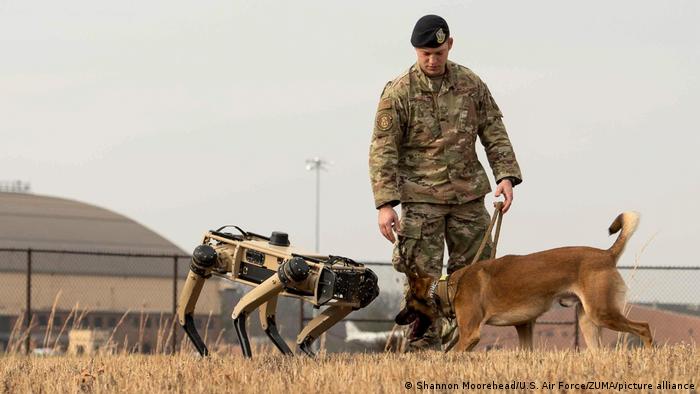 Un sargento de las Fuerzas Aéreas de EE.UU. presenta a Hammer, el perro de trabajo militar del 375º SFS, al Ghost Robotics Vision 60 en la base aérea de Scott.