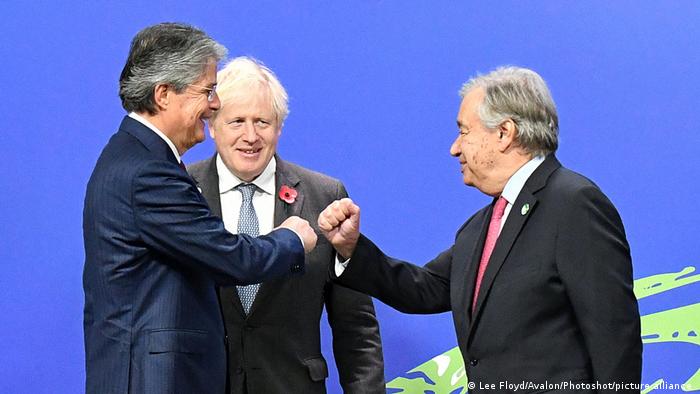 COP26 en Glasgow: Guillermo Lasso, Boris Johnson y Antonio Gutérres.