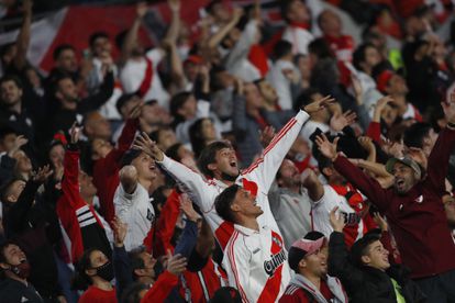 Hinchas de River Plate celebran el título de la Liga argentina.