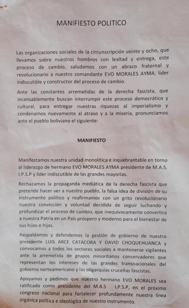 $!El manifiesto que publicaron organizaciones sociales de Cochabamba