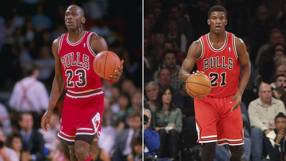 Michael Jordan y Jimmy Butler jugando para los Bulls
