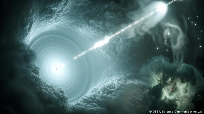 Ilustración artística de un blazar que acelera los neutrinos y los rayos cósmicos a enormes velocidades.