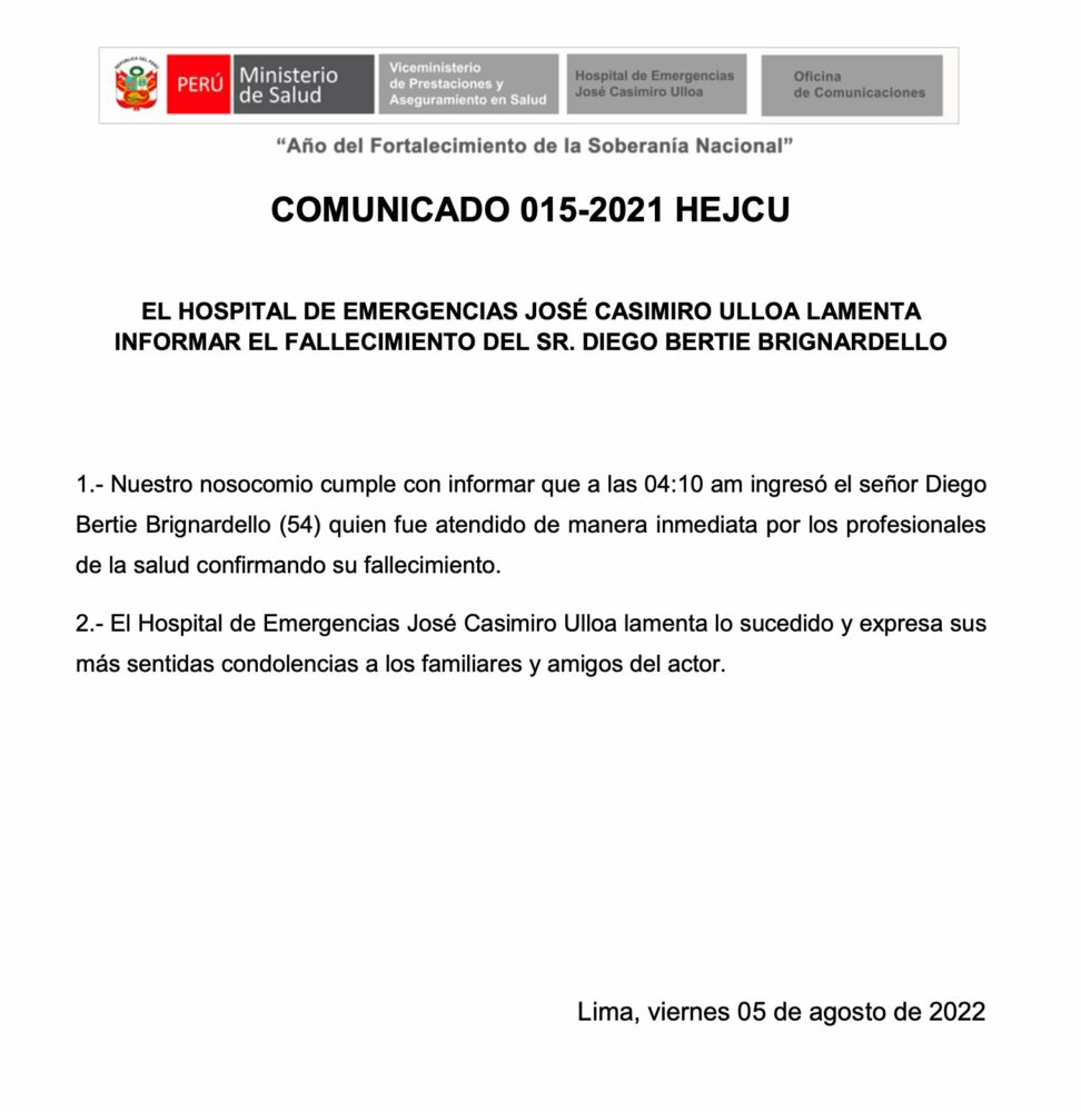 Comunicado del hospital Casimiro Ulloa por la muerte de Diego Bertie