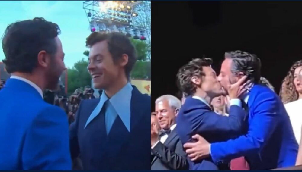 Harry Styles besó en la boca a Nick Kroll en el Festival de Venecia (Foto: Twitter/@ifolkhaylor)