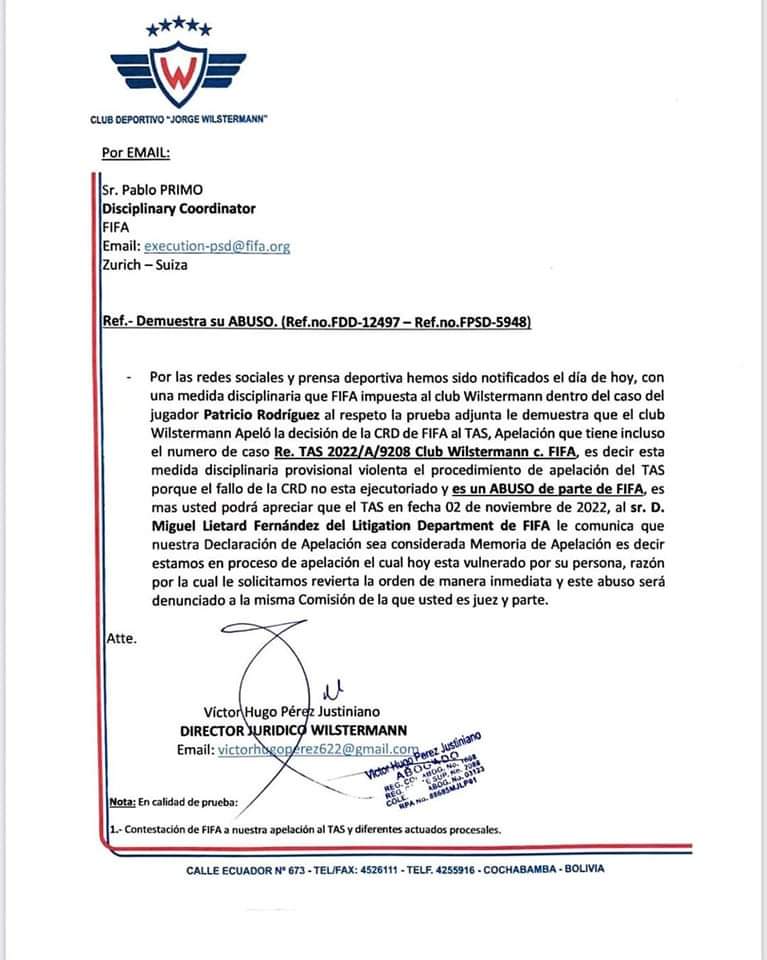 El comunicado de Wilstermann, firmado por Víctor Hugo Pérez, respecto a la prohibición para que registre jugadores nuevos.