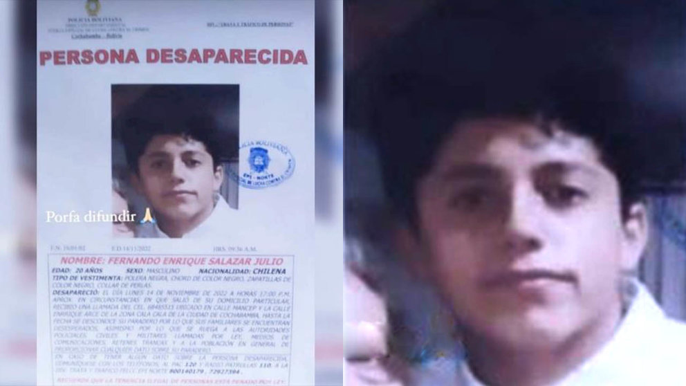El cartel de búsqueda del joven chileno Fernando Enrique Salazar Julio, desaparecido en Bolivia. RRSS