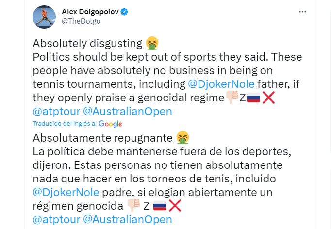 Tuit del ex tenista ucraniano Alex Dolgopolov. (TWITTER)