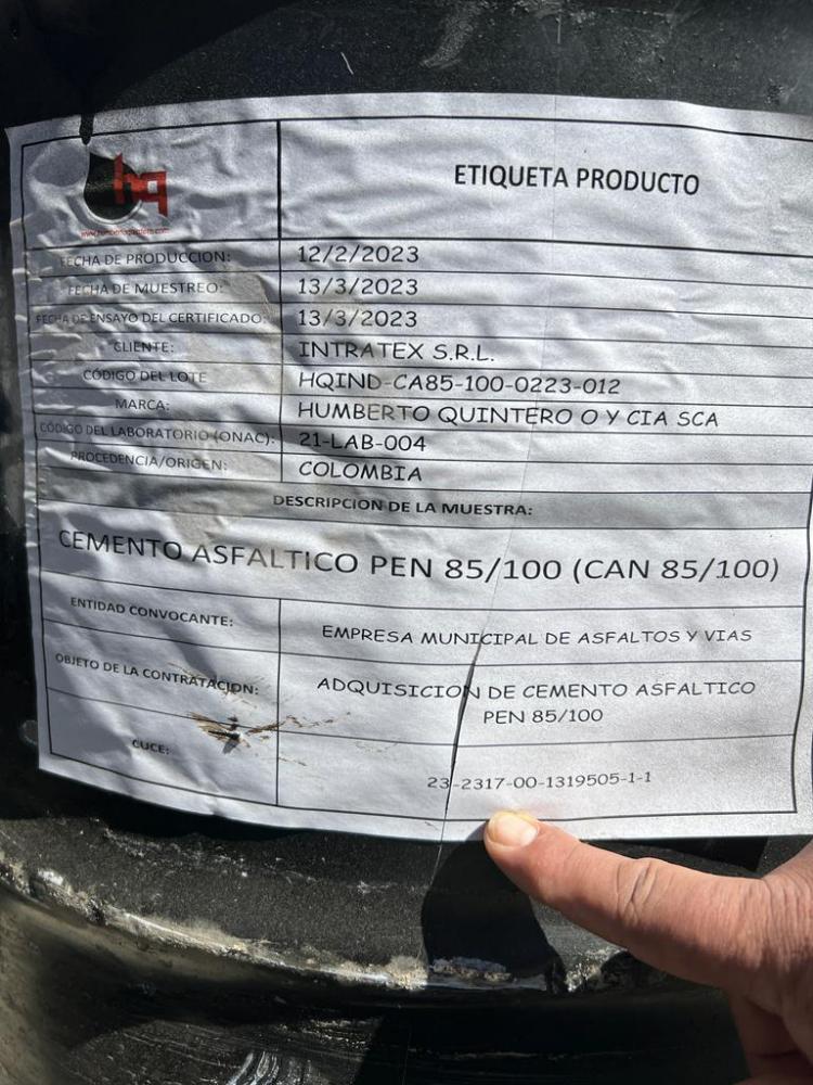 $!Imagen del código del proceso de licitación para la adquisición del cemento asfáltico.