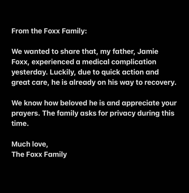 El comunicado difundido sobre el estado de salud de Jamie Foxx tras ser internado.
