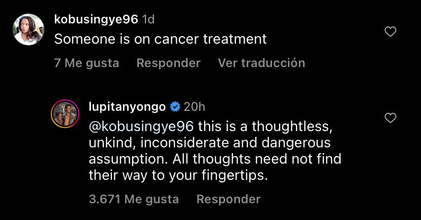Lupita Nyong'o respondió a las críticas de sus seguidores, que le indicaron parecía enferma de cáncer por su cabeza rapada. @lupitanyongo/Instagram