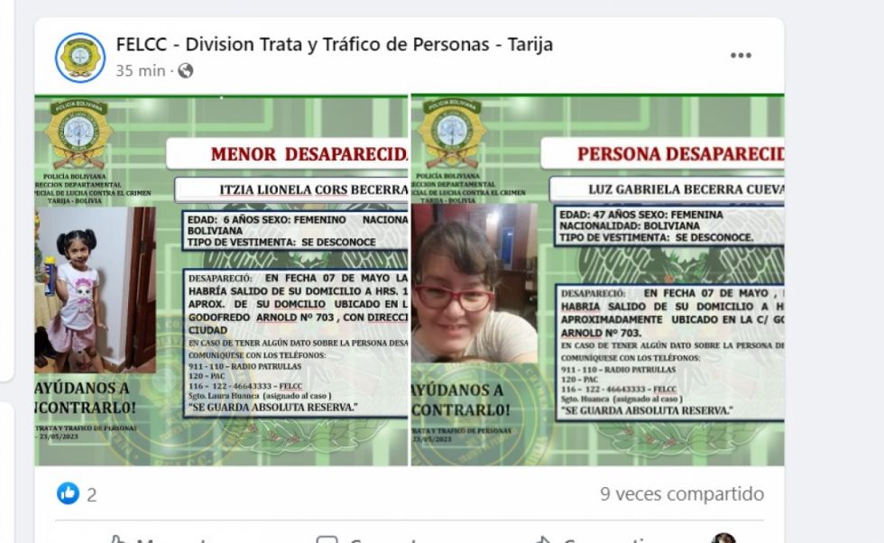 Tarija: Madre e hija están desaparecidas más de 15 días, familia solicita ayuda