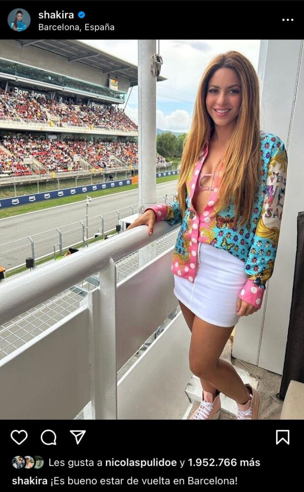 Shakira disfrutó del Gran Premio de España en la Fórmula 1 y aseguró sentirse feliz de volver a Barcelona. @shakira/Instagram