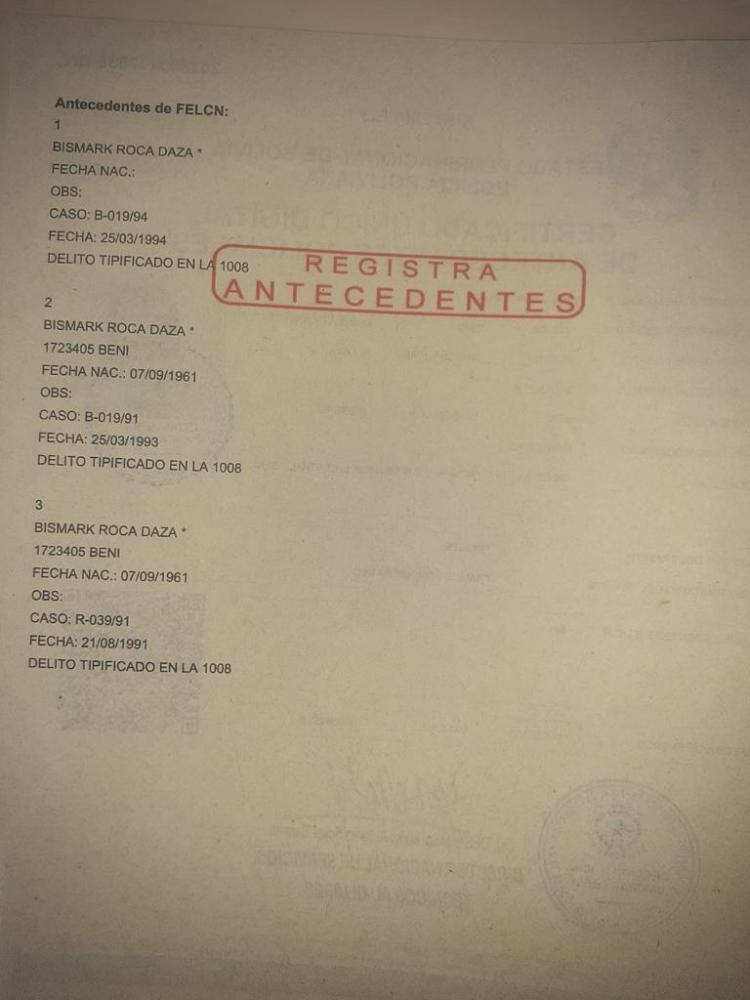 $!La Felcn emitió un certificado de antecedentes de Bismark Roca.