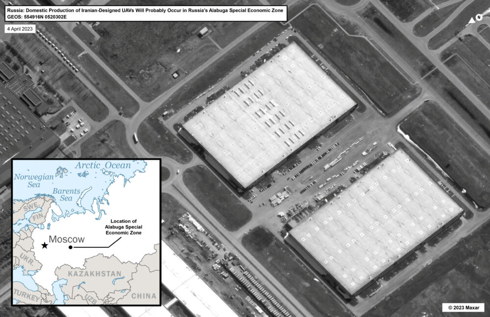 Estados Unidos denunció el viernes que Rusia está recibiendo materiales de Irán para construir una fábrica de drones. Una imagen satelital muestra la posible ubicación planificada de la planta de fabricación de vehículos aéreos no tripulados en territorio ruso (REUTERS)