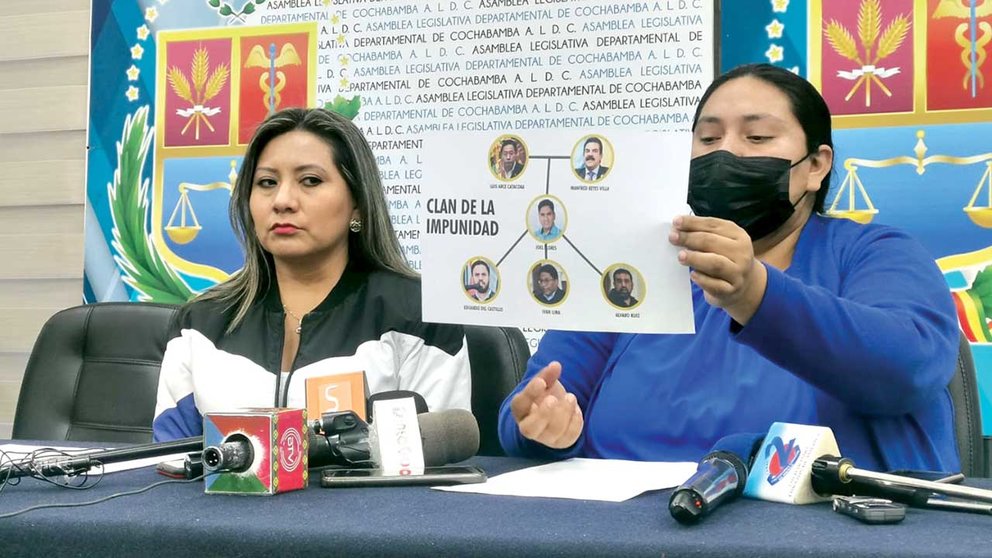 Soliz y Terrazas muestran un organigrama del que denominan “clan de la impunidad”, este 22 de junio./ MELISSA REVOLLO