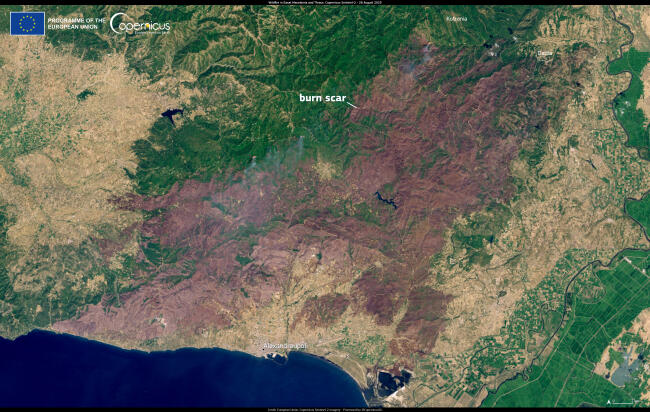 Mapa de la zona quemada en el norte de Grecia a finales de agosto.