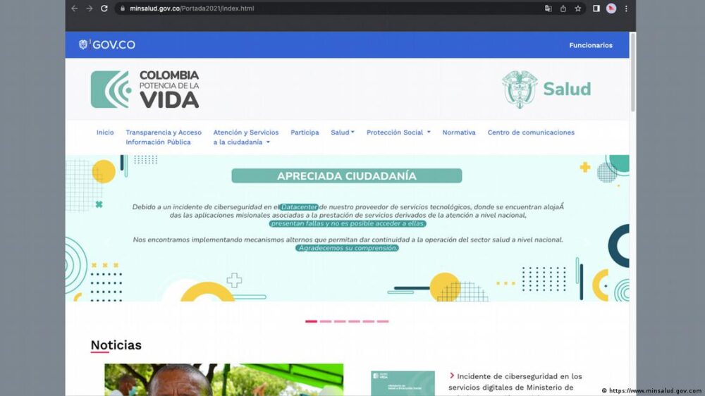 Pantallazo del portal del Ministerio de Salud de Colombia inhabilitado por ciberataque a la empresa IFX que gestina miles de portales en América Latina