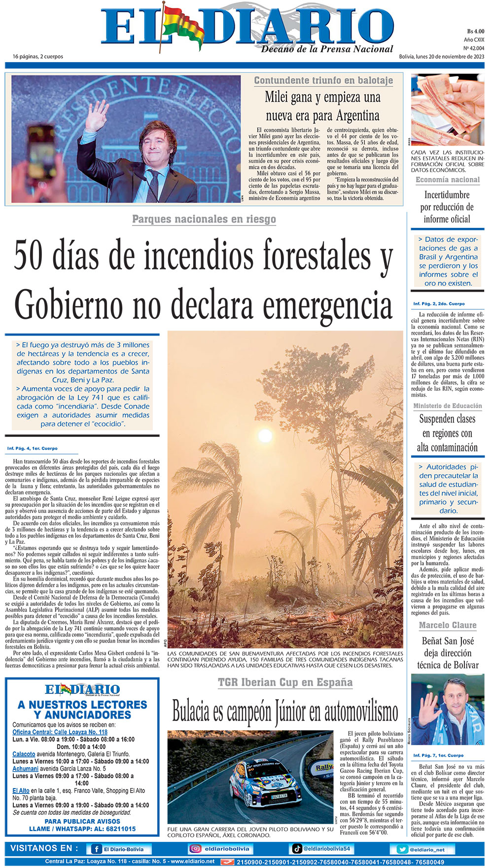 Portadas de peri dicos de Bolivia del lunes 20 de noviembre del