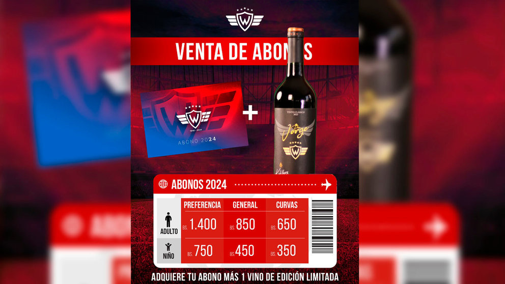 Afiche de la venta de abonos junto a una imagen del vino de regalo. WILSTERMANN