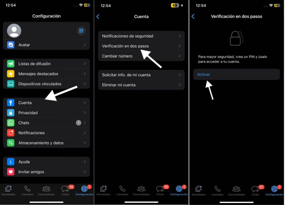 Proceso de activación de verificación en dos pasos en WhatsApp