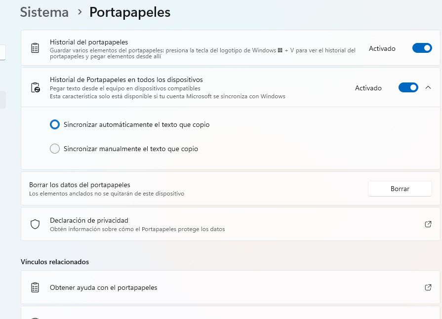 Opción activada para sincronizar portapapeles de forma automática