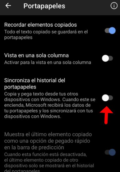 Pulsamos en la opción de Sincroniza el historial del portapapeles