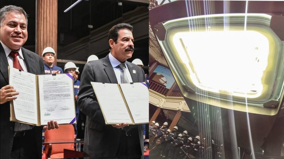 Firma de convenio entre el alcalde Manfred Reyes Villa y la Asociación Accidental Cochabamba Segura (izq) para la renovación de la red de alumbrado a luces led (der). DICO SOLÍS