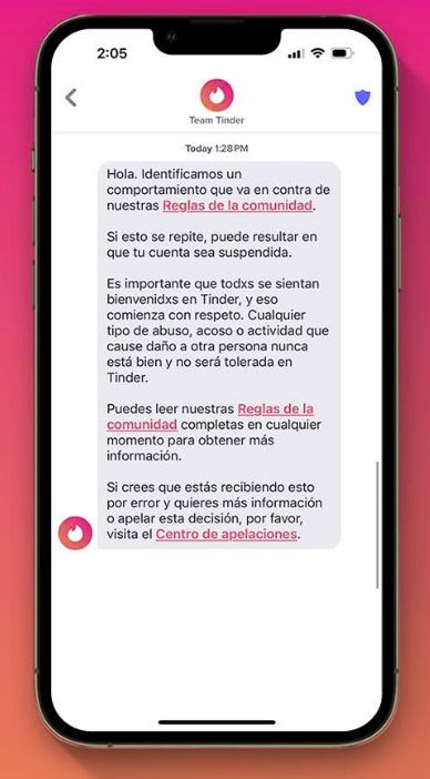 Ejemplo de nuevo aviso en Tinder