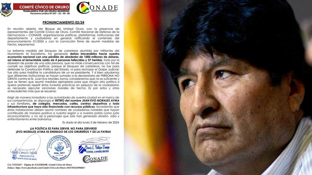 Comité Cívico de Oruro exige retirar el nombre de Evo Morales y sus familiares de toda obra pública.