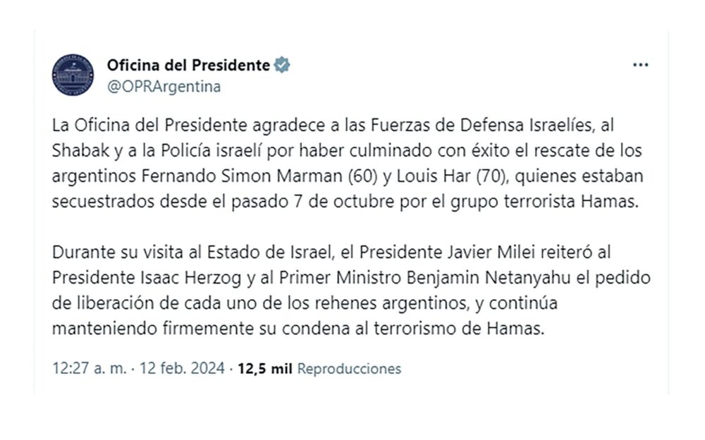 El comunicado del gobierno argentino tras el rescate de dos de sus ciudadanos en la Franja de Gaza