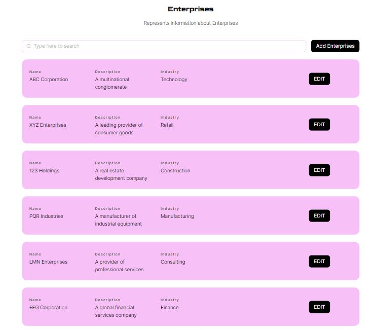 Lista de registro de empresas en una app creada en 2 minutos