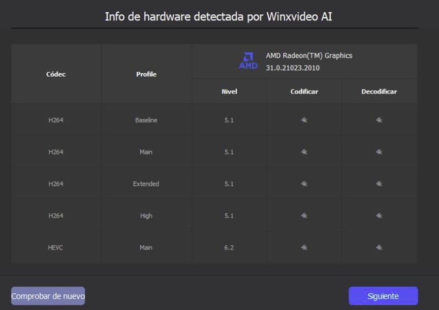 Detección de hardware por parte de Winxvideo AI