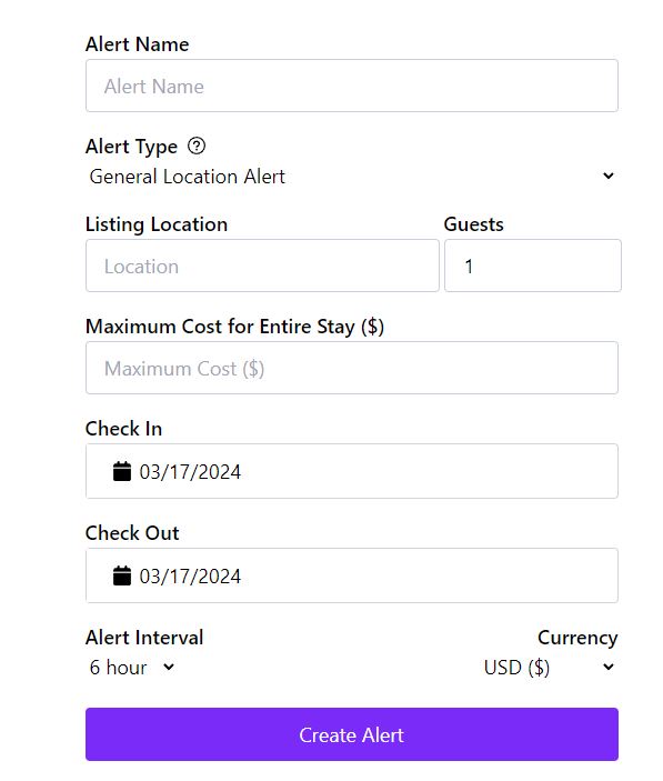 formulario para crear una alerta en Airbnb