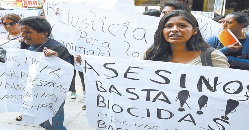 Un grupo de activistas marcha contra el biocidio.