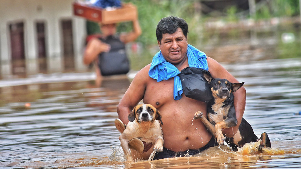 Un hombre resguarda a sus mascotas en medio de las inundaciones en Cobija. APG