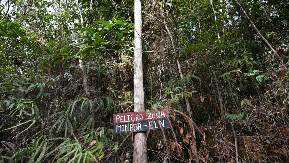 Un cartel advierte de una zona minada por la guerrilla Ejército de Liberación Nacional (ELN) en el municipio colombiano de Morales, en una imagen del 23 de noviembre de 2023