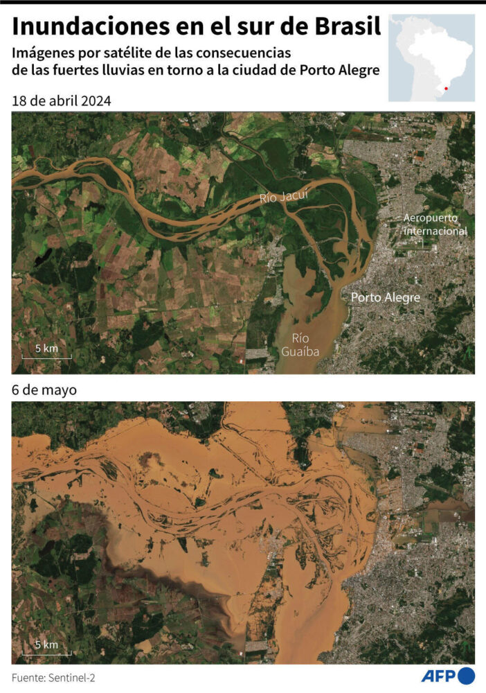 Comparación de dos imágenes del satélite de Sentinel-2 de la ciudad de Porto Alegre, en el sur de Brasil, antes y después de las fuertes lluvias que dejaron inundaciones y decenas de fallecidos
