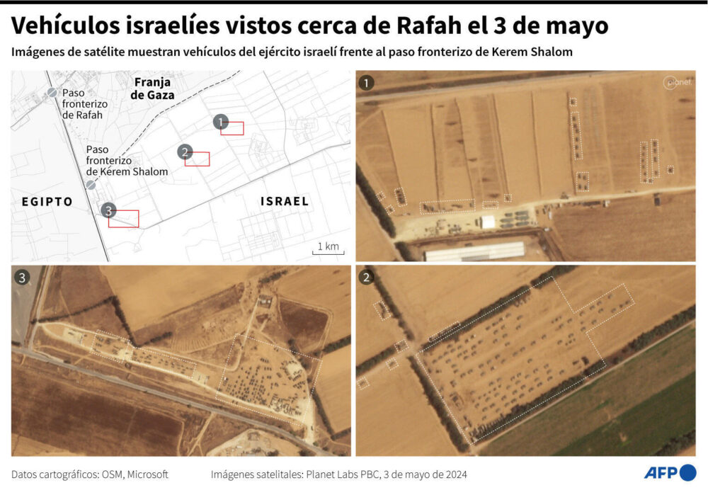 Mapa e imágenes satelitales de Planet Labs PBC mostrando la ubicación de vehículos del ejército israelí en los alrededores de Kerem Shalom, paso fronterizo entre la Franja de Gaza e Israel, el 3 de mayo de 2024