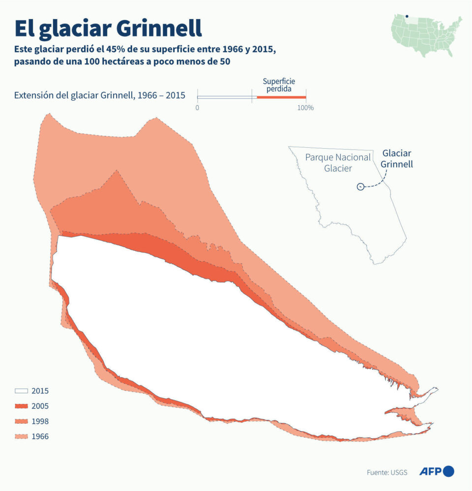 Mapa con la extensión del glaciar Grinnell, en Estados Unidos, en 1966, 1998, 2005 y 2015