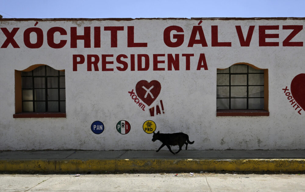 Un perro pasa junto a la casa donde creció la candidata presidencial mexicana Xochitl Gálvez en el pueblo de Tepatepec.