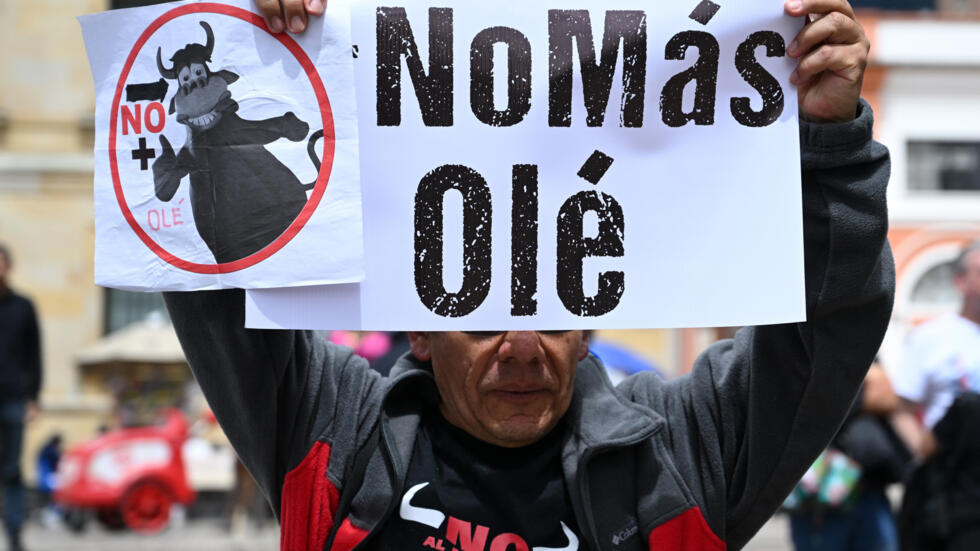 Un ciudadano se manifiesta en Bogotá contra las corridas de toros, frente al Congreso de Colombia el 7 de mayo de 2024, en el marco del debate de la ley para su prohibición