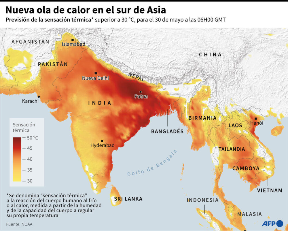 Mapa del sur de Asia localizando las zonas que superaron una sensación de temperatura superior a 30 °C