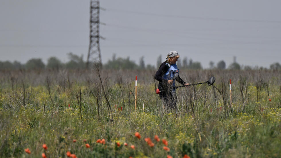Una trabajadora de la ONG HALO Trust busca minas en un campo en la localidad ucraniana de Snigurivka el 4 de junio de 2024